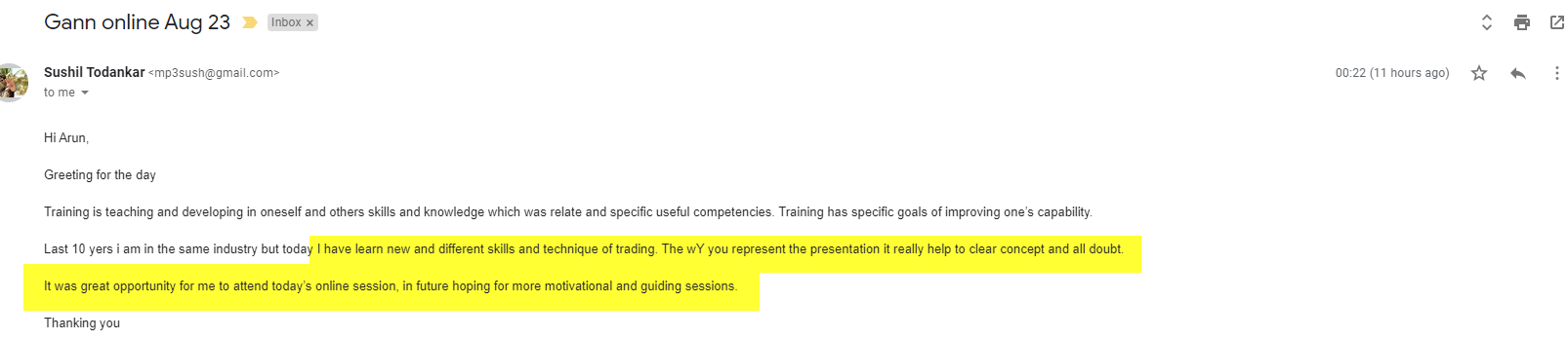 Aug23FeedbackSusheel 1 - Harmonics Traders - Testimonials